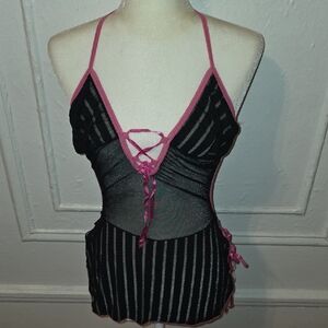 So Risque Black and Pink Lace-Up Halter Top